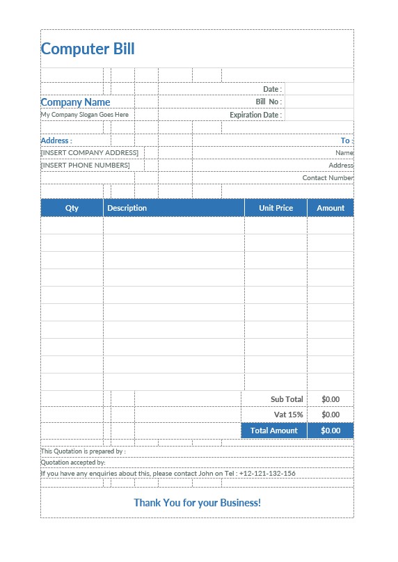 Computer Bill Format Template PSD template